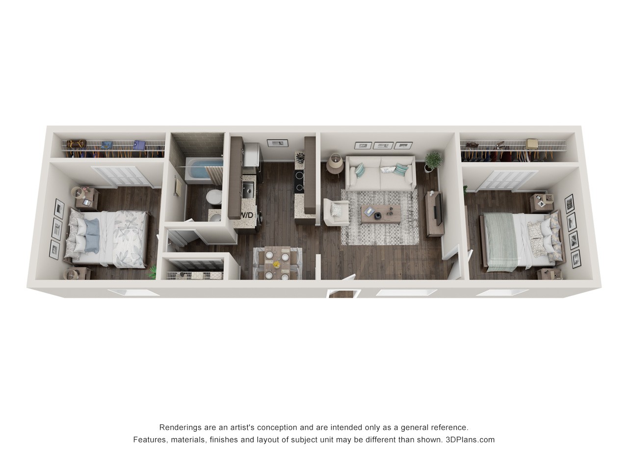Floor plan for 2 beds, 1 bath, 675 sqft